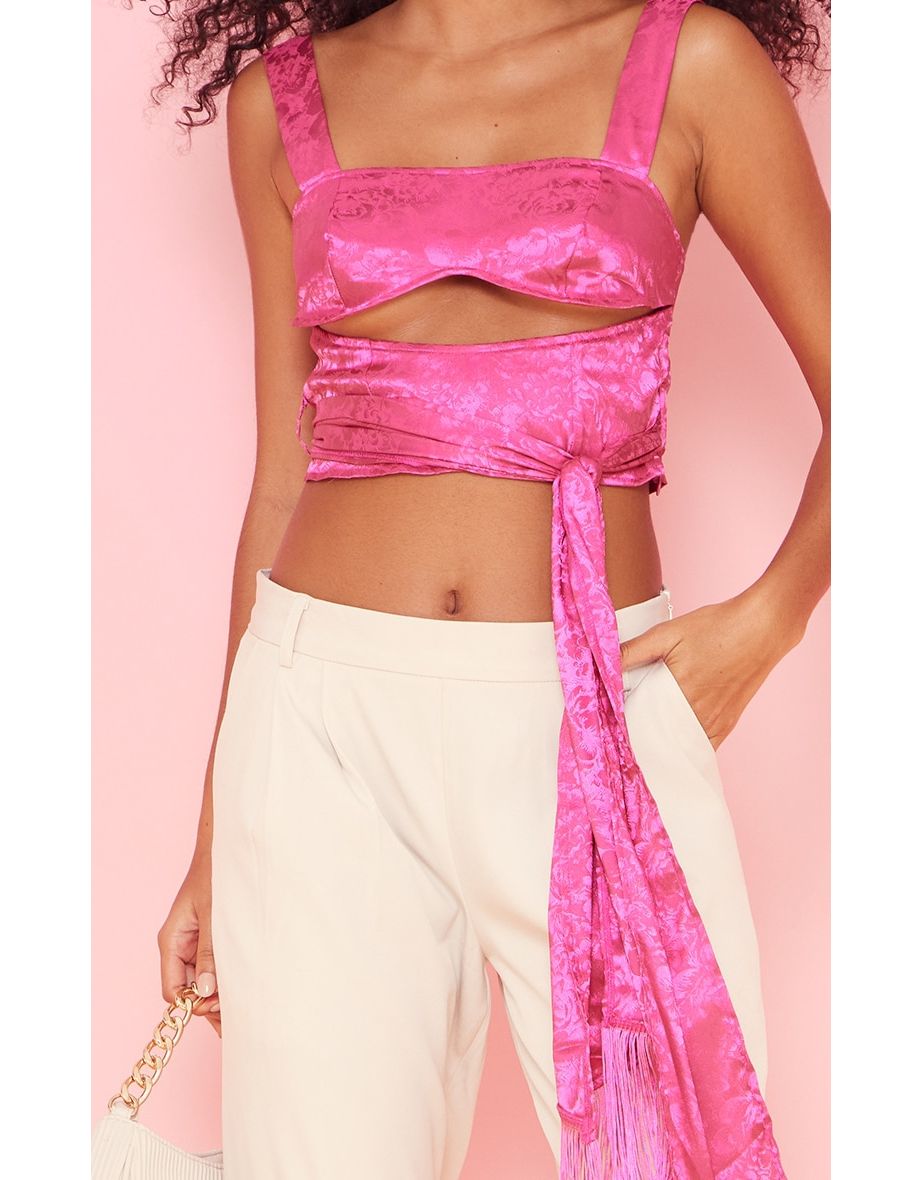 Hot Pink Cut Out Wrap Tassel Detail Top - 3