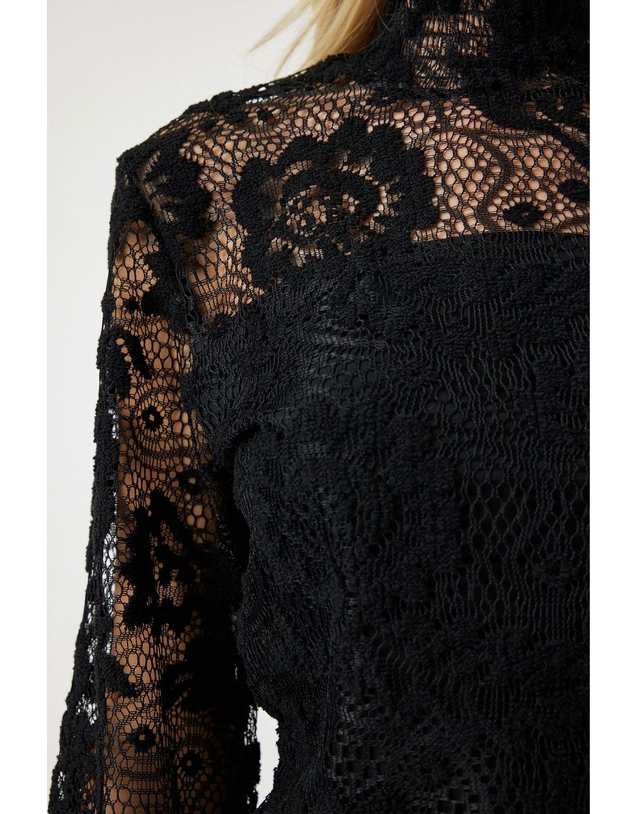 Black High Neck Lace Elegant Blouse - 4