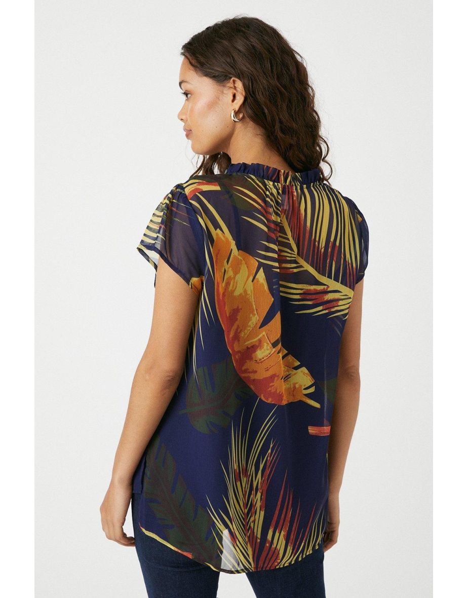 Petite Blue Palm Tie Neck Top - 2