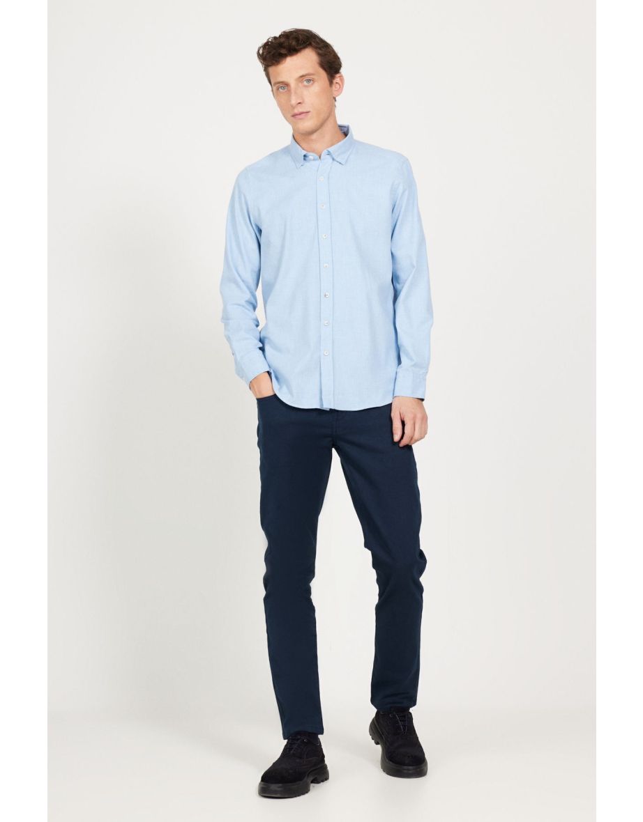 Men's Light Blue Flannel Oxford Winter Slim Fit Slim Fit Button-down Collar Shirt