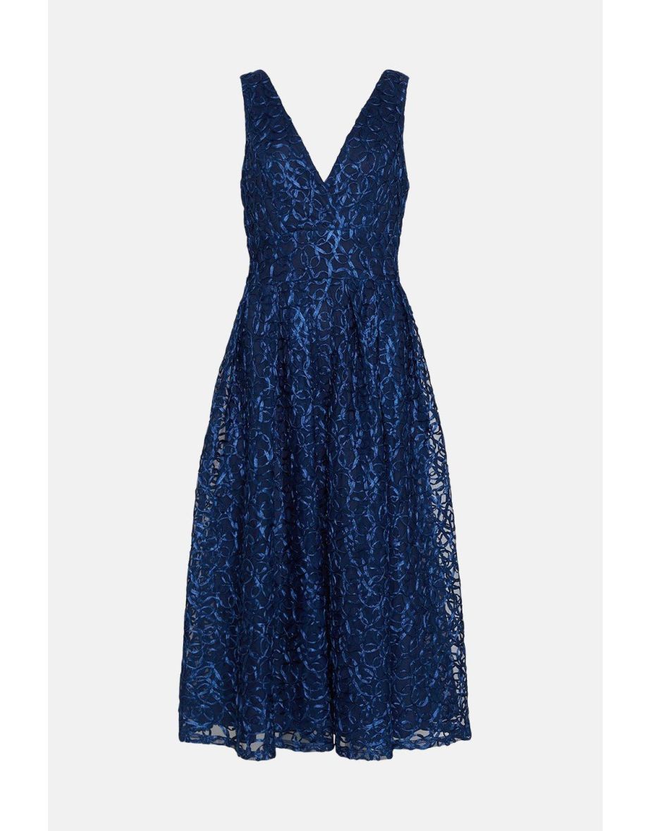 Wrap Front Embroidered Full Skirt Midi Dress​ - 3