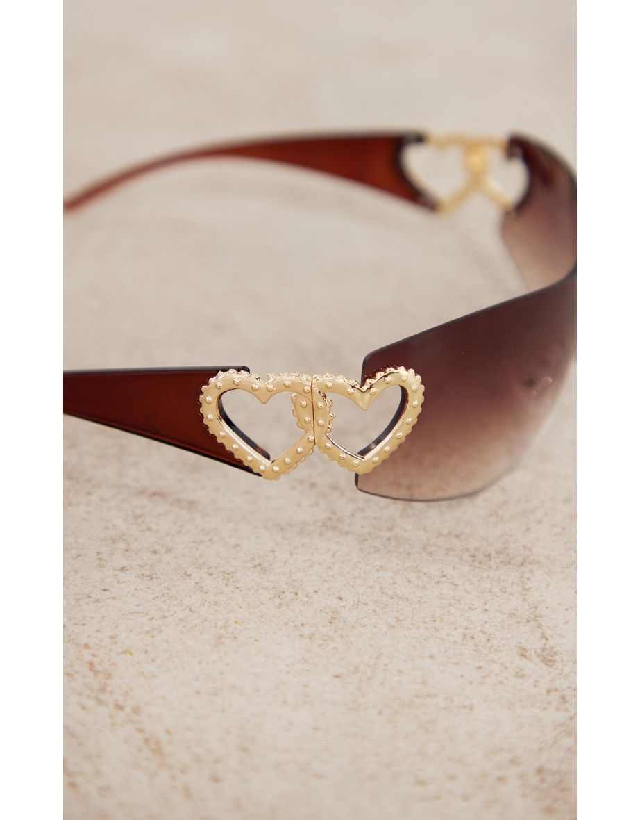 Brown Heart Diamante 90s Visor Sunglasses - 2