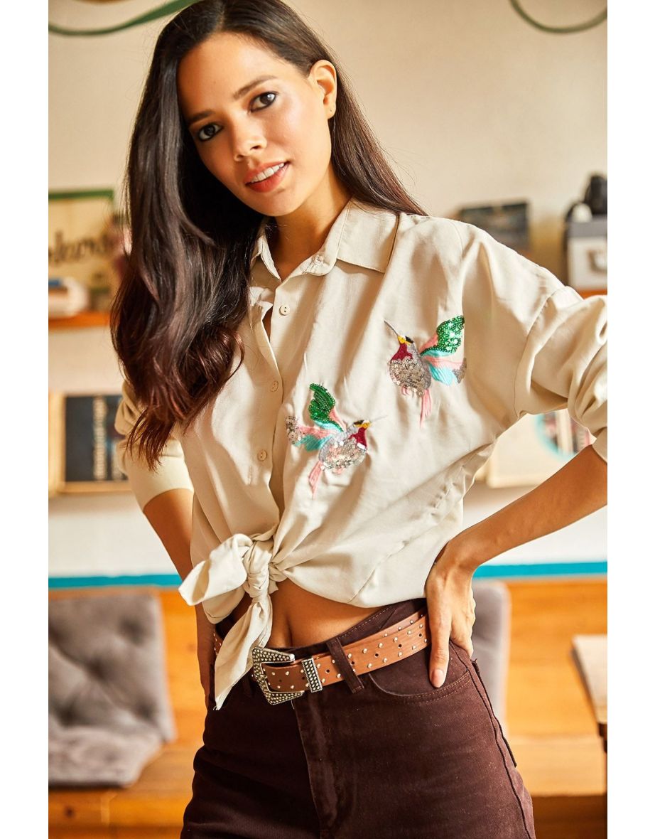 Women's Stone Bird Sequin Detailed Woven Boyfriend Shirt