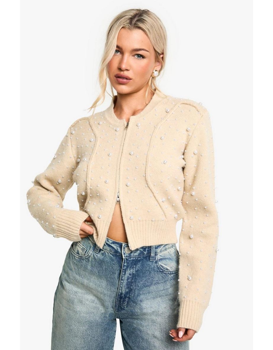 Pearl Detail Knitted Zip Through Bomber Cardigan - beige - 3