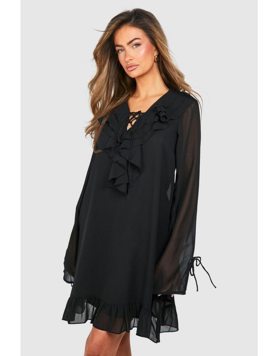 Chiffon Ruffle Front Mini Dress - black