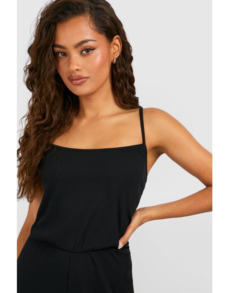 Basic Rib Strappy Culotte Jumpsuit - black - 3