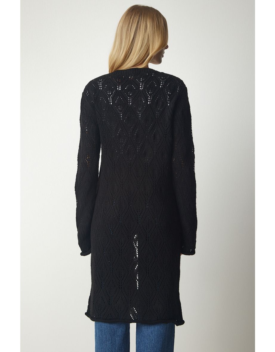 Women's Black Openwork Long Knitwear Cardigan - 4