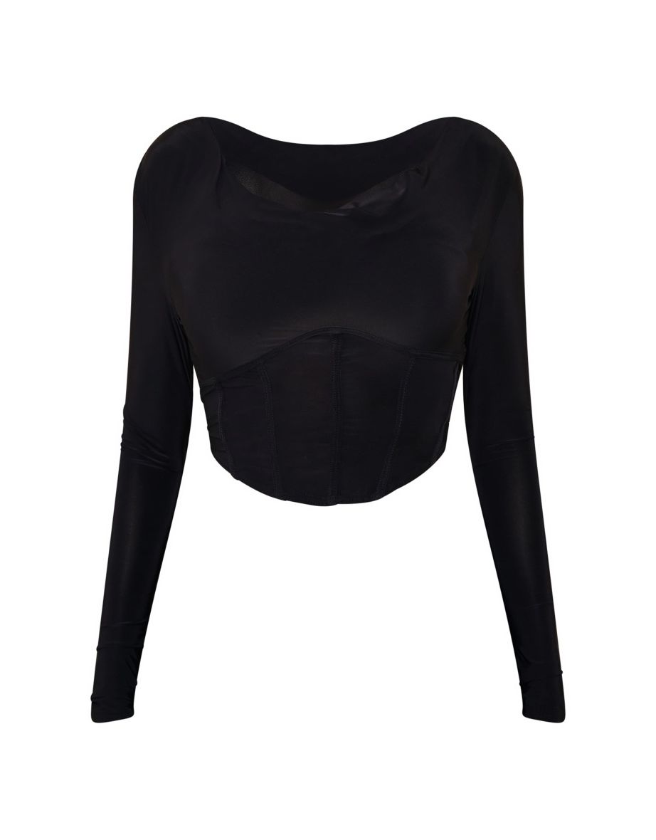 Black Slinky Plunge Neck Corset Long Sleeve Crop Top - 4
