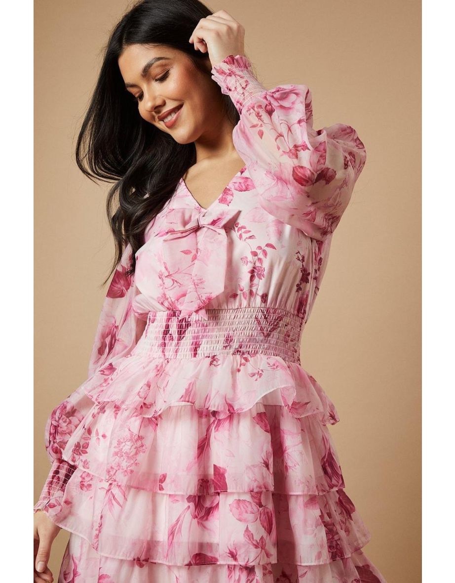 Printed Organza Shirred Waist Tiered Bow Mini dress - 3