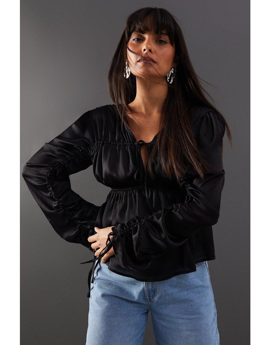 Crinkle Satin Tie Front Volume Sleeve Blouse