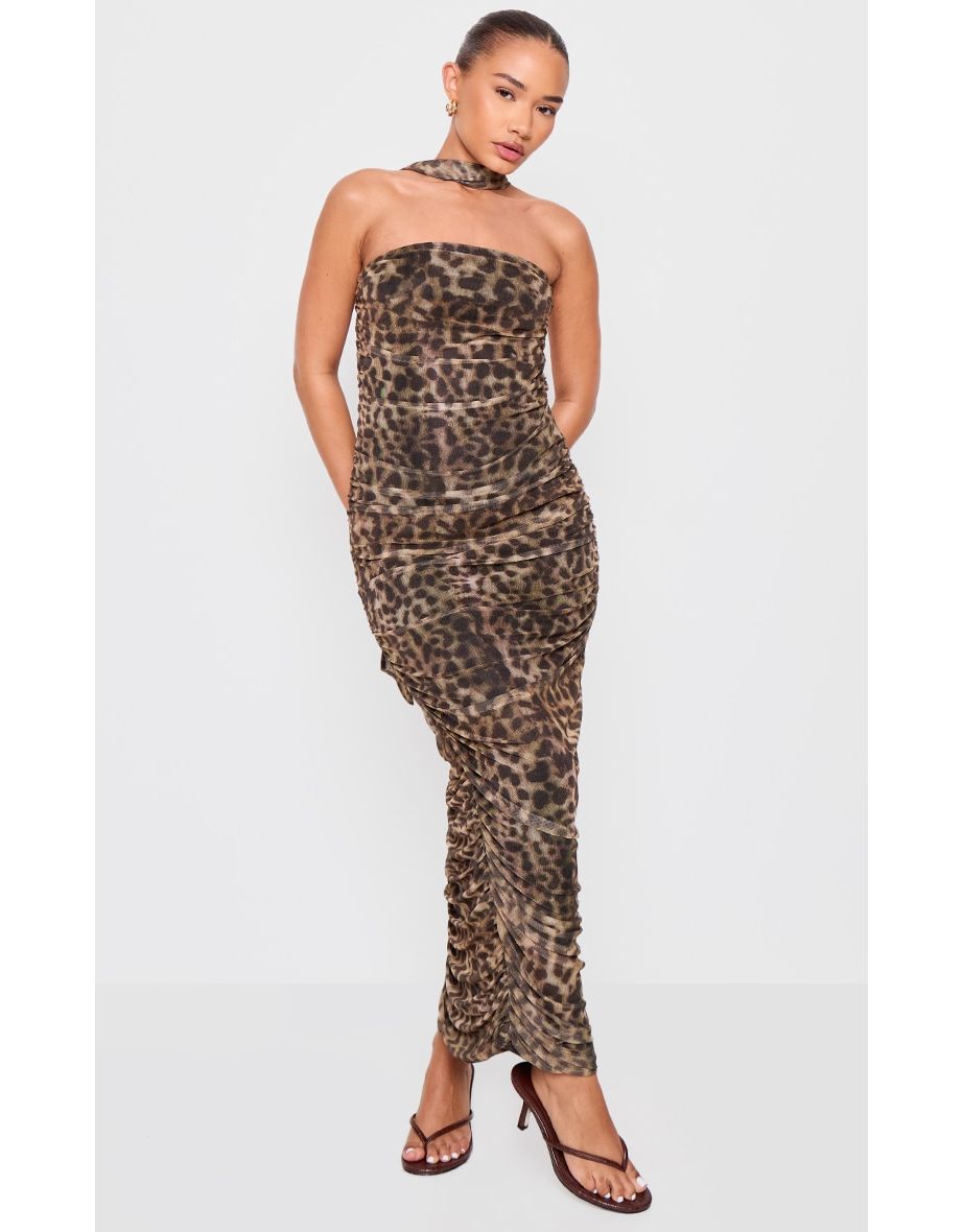 Petite Leopard Print Bandeau Maxi Dress With Scarf Detail
