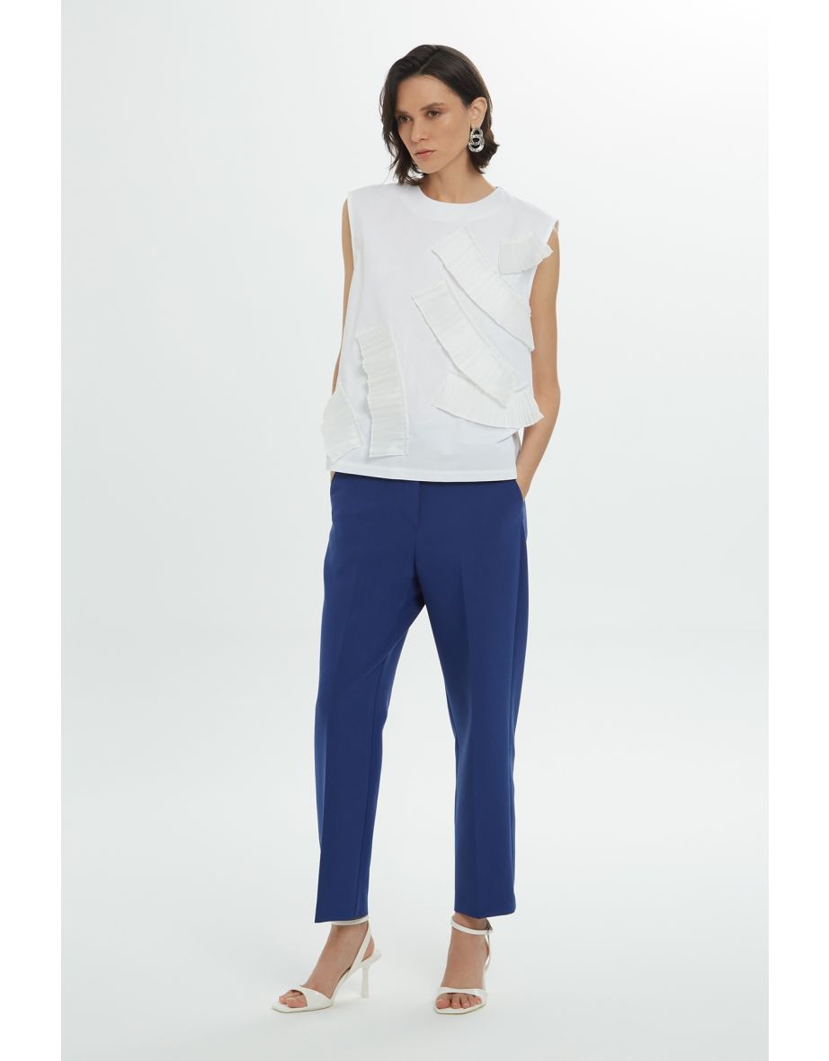 White Blouse with Pleated Panel Details and Back Zipper Closure