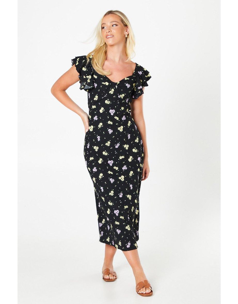 Floral Ruffle Sleeve Midi Dress