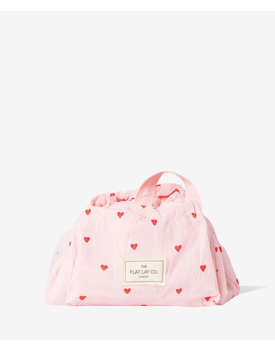 Drawstring Makeup Bag in Sweet Pink Hearts Parachute