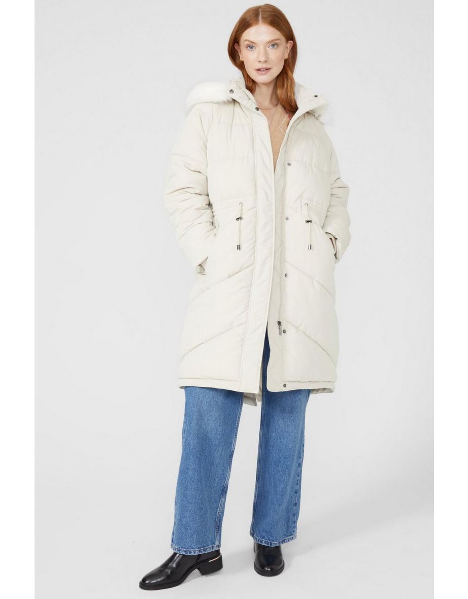 Fur Trim Hood Long Padded Coat - ivory