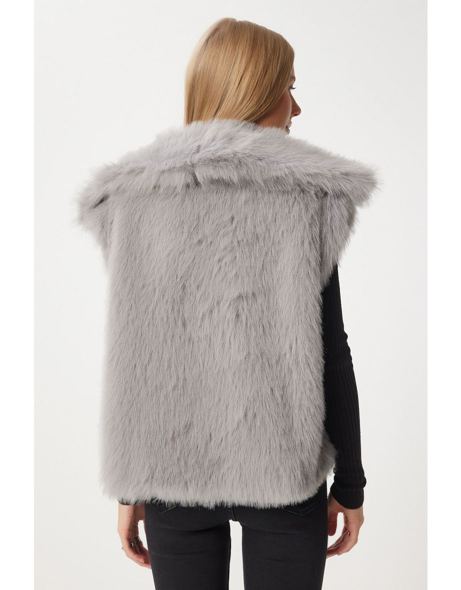 Women's Stone Grey Faux Fur Vest - 7