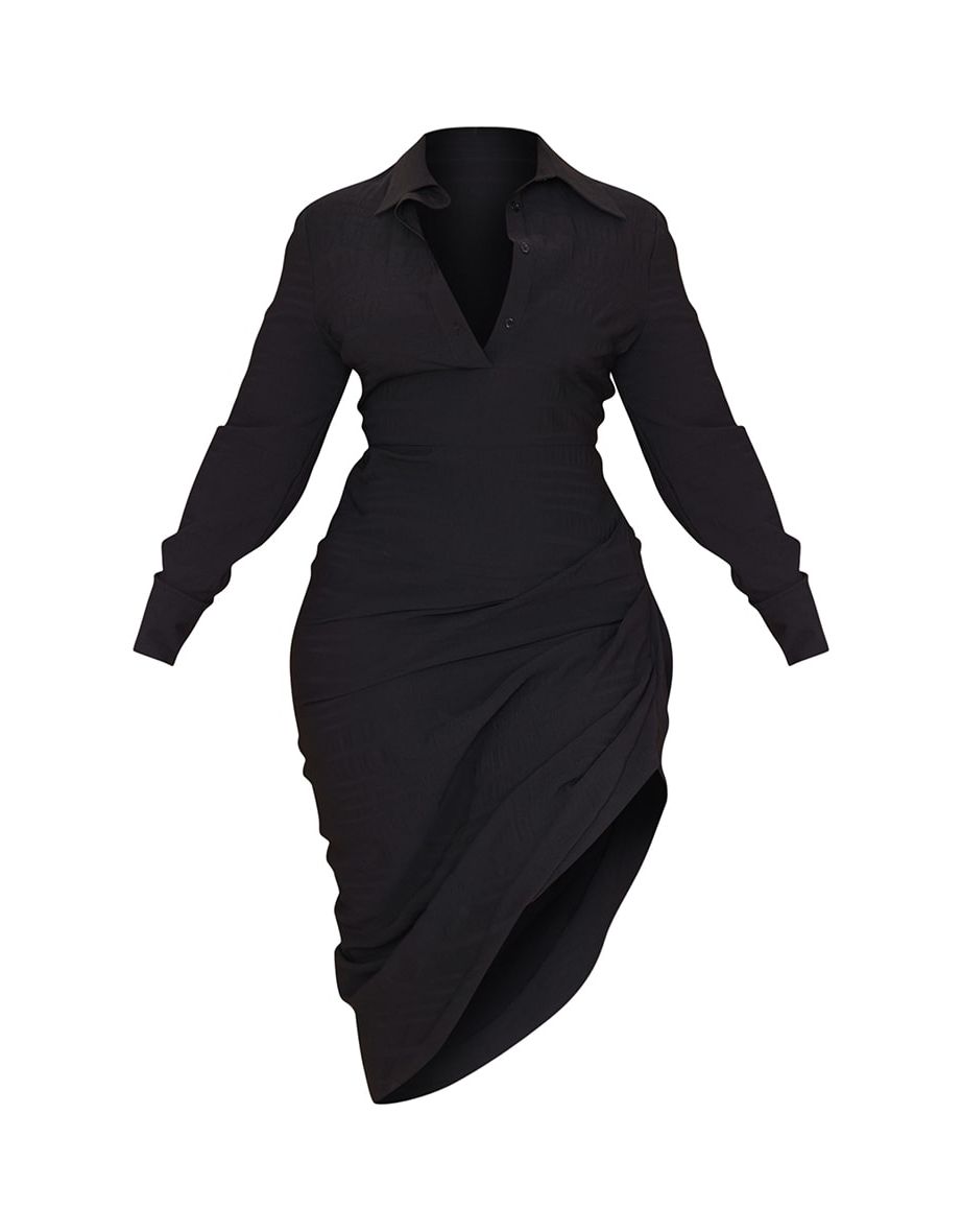 Plus Black Textured Ruched Side Midi Shirt Dress - 4