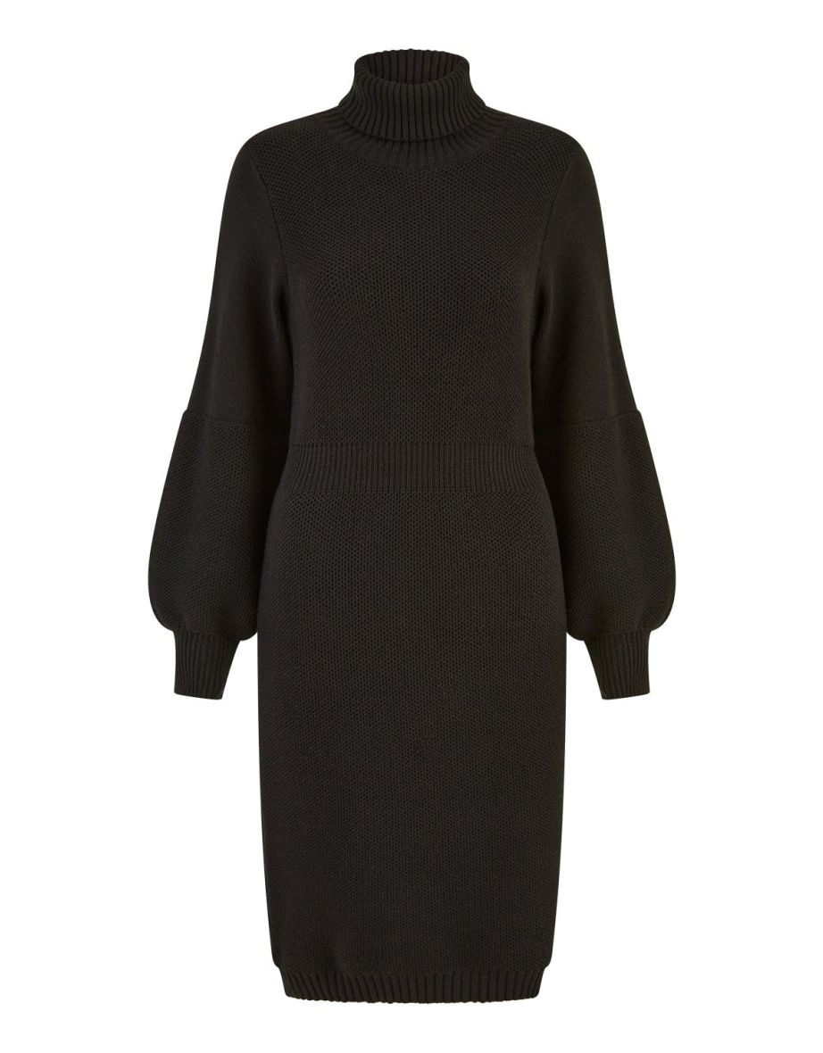 Yumi Black Roll Neck Knitted Dress With Fitted Waist - 5