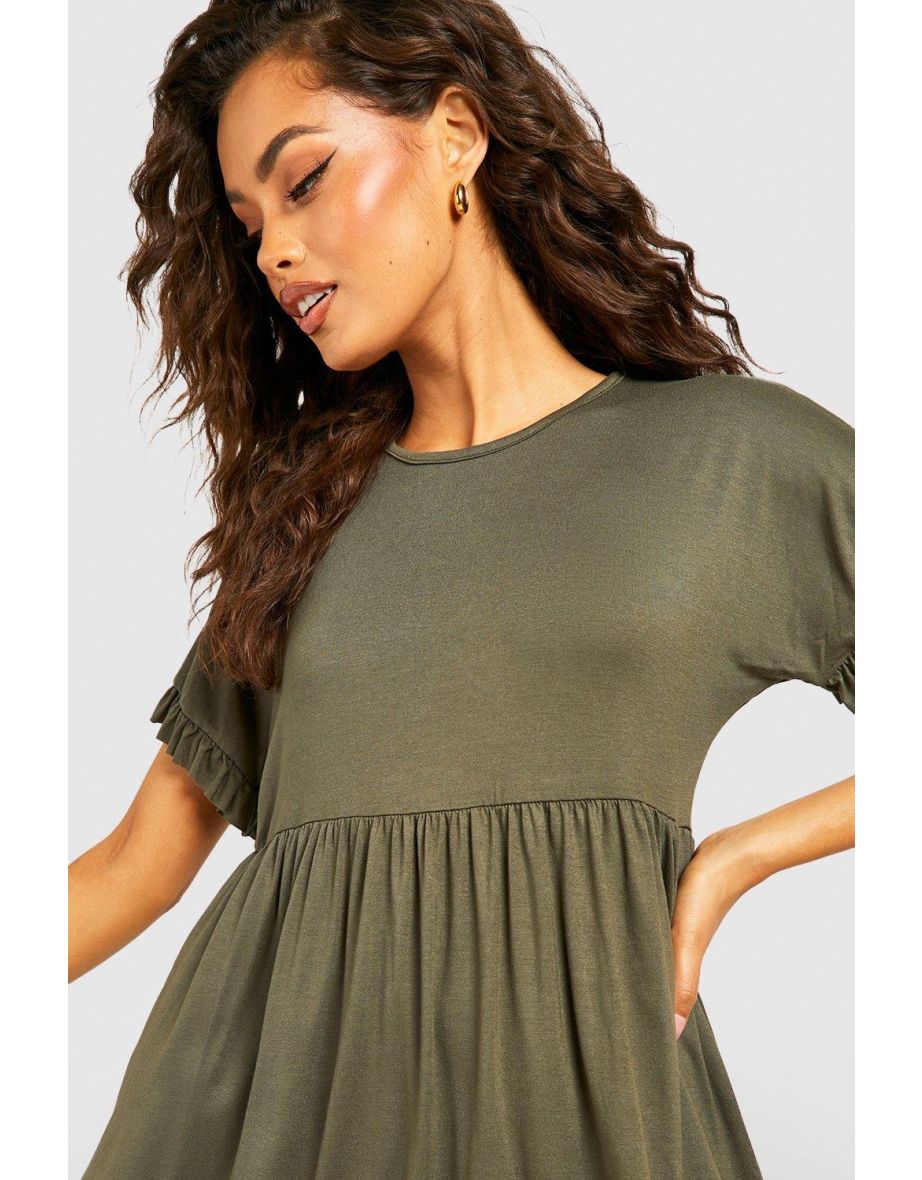 Ruffle V Neck Smock Dress - khaki - 3