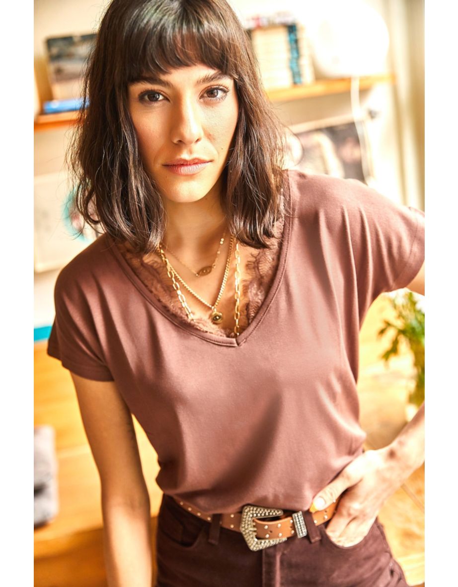 Women's Bitter Brown Collar Lace Loose Viscose Blouse
