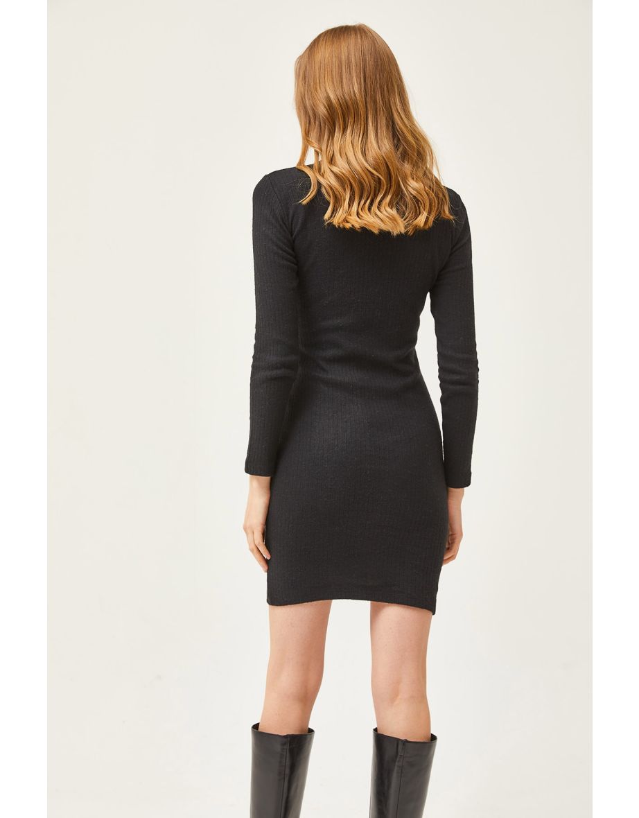 Women's Black Robe Gathered Detailed Raised Mini Dress - 4