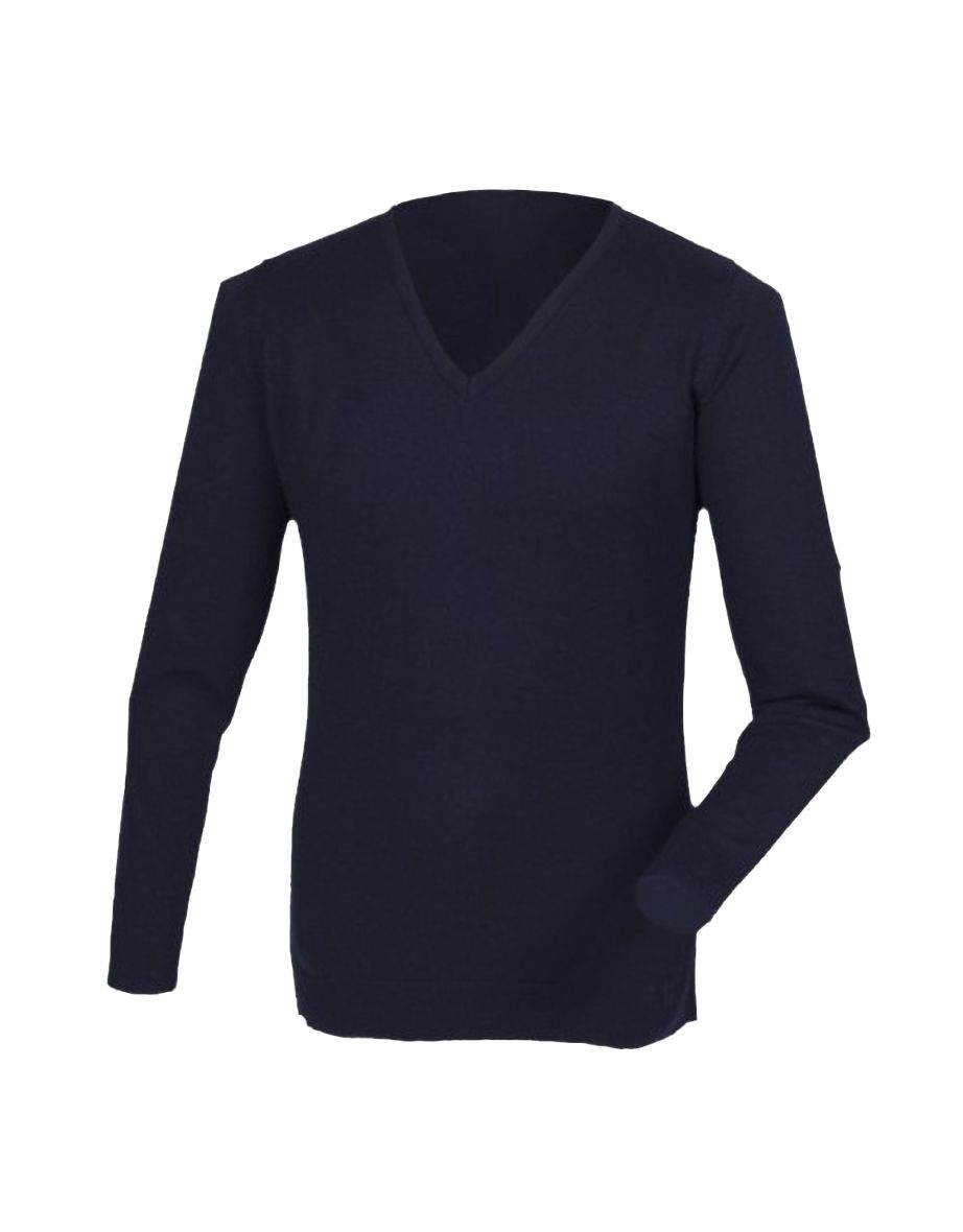 Henbury Mens Cashmere Touch Acrylic V-Neck Jumper / Knitwear - Navy