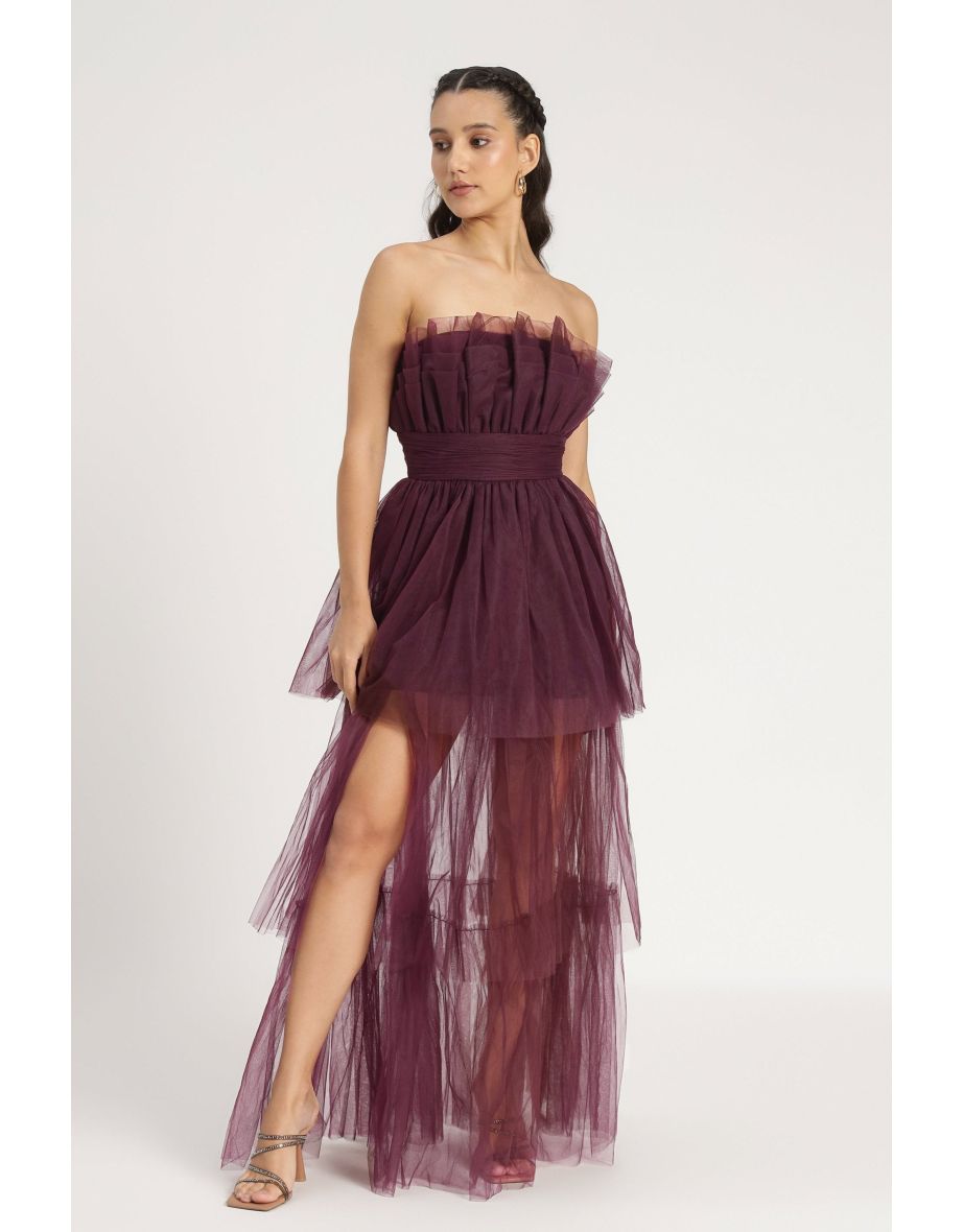 Natalia Tulle Floor Length Dress in Plum
