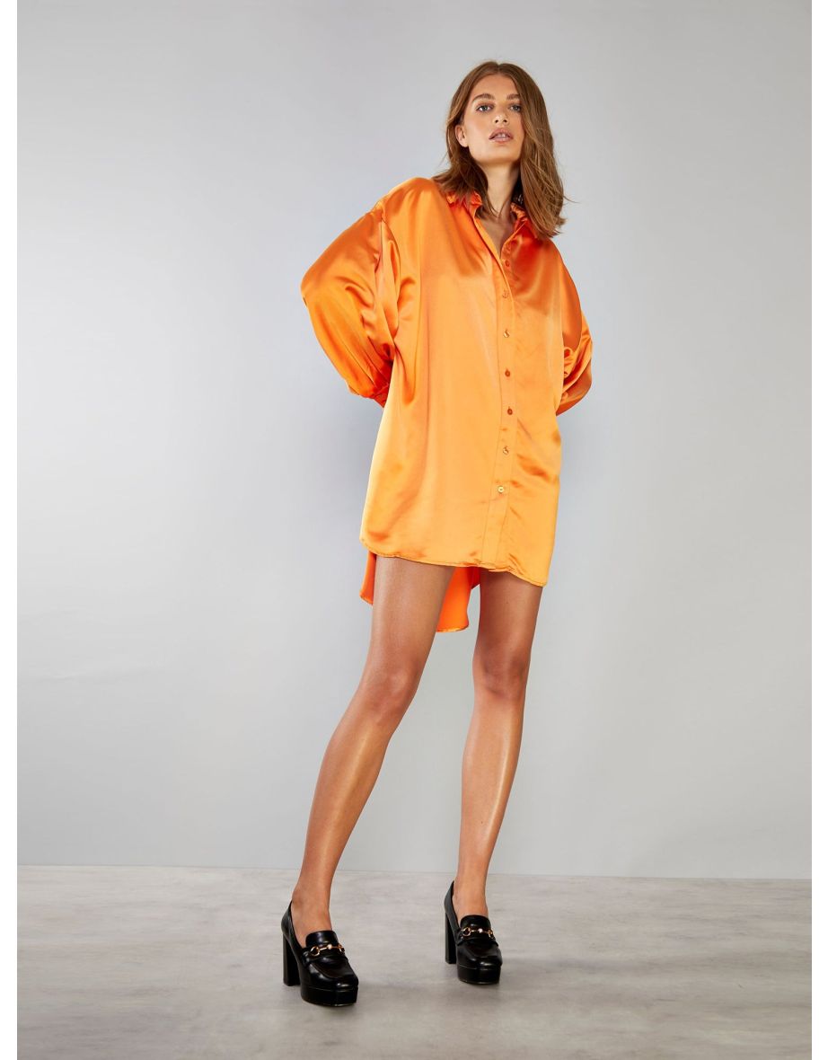 Glamorous Orange Oversized Satin Shirt Dress - 2