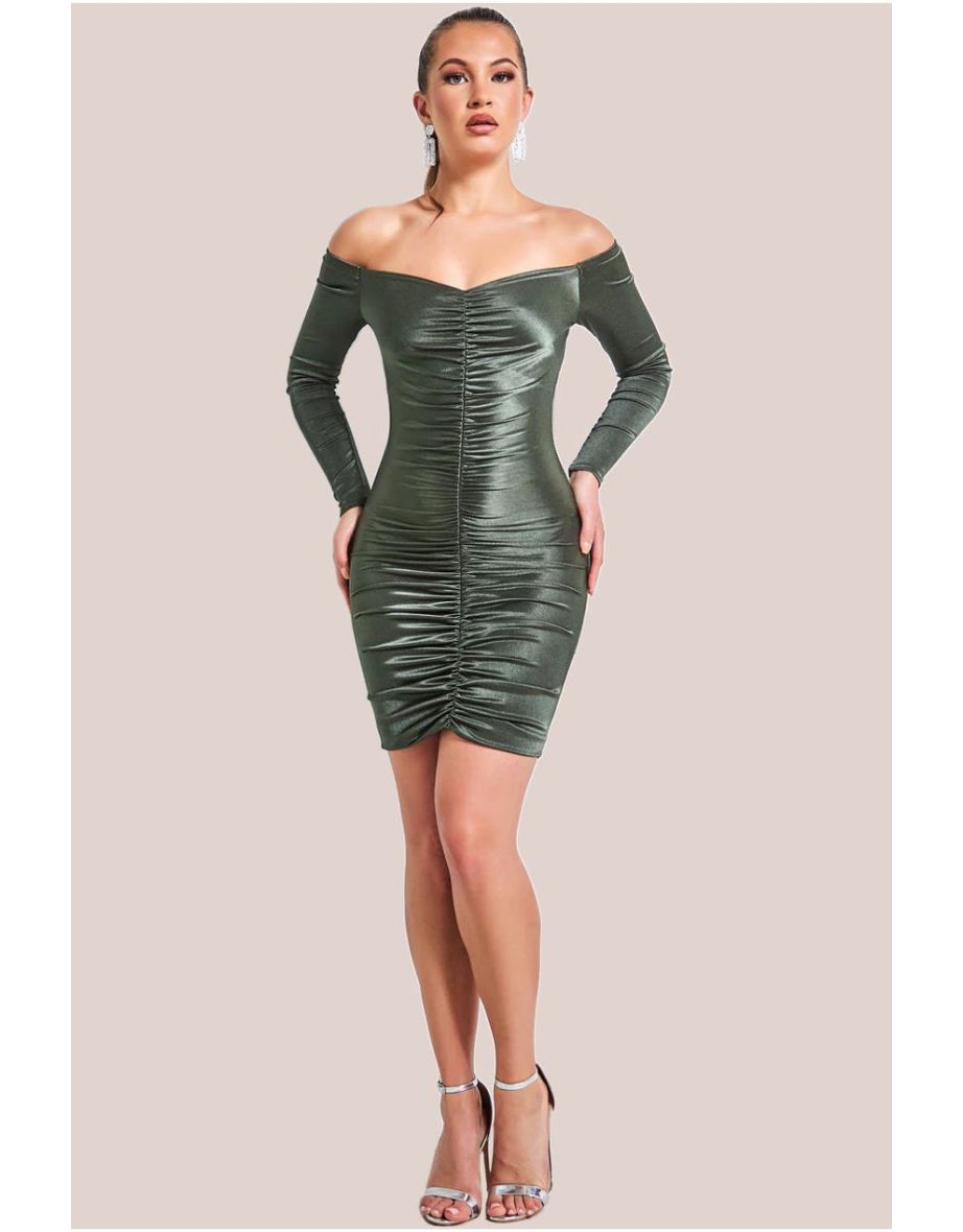 Goddiva Off The Shoulder Ruched Mini - Khaki