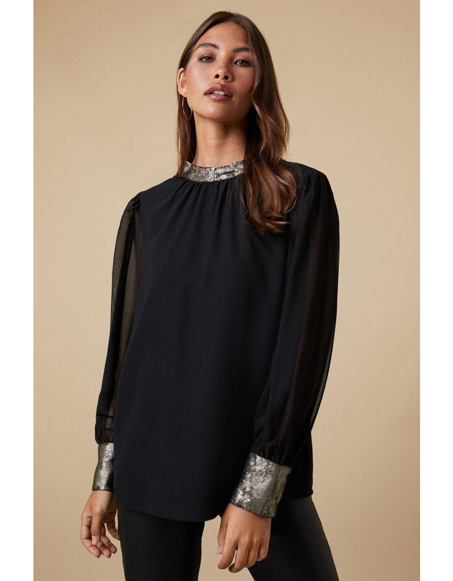 Metallic Gold Contrast High Neck Blouse