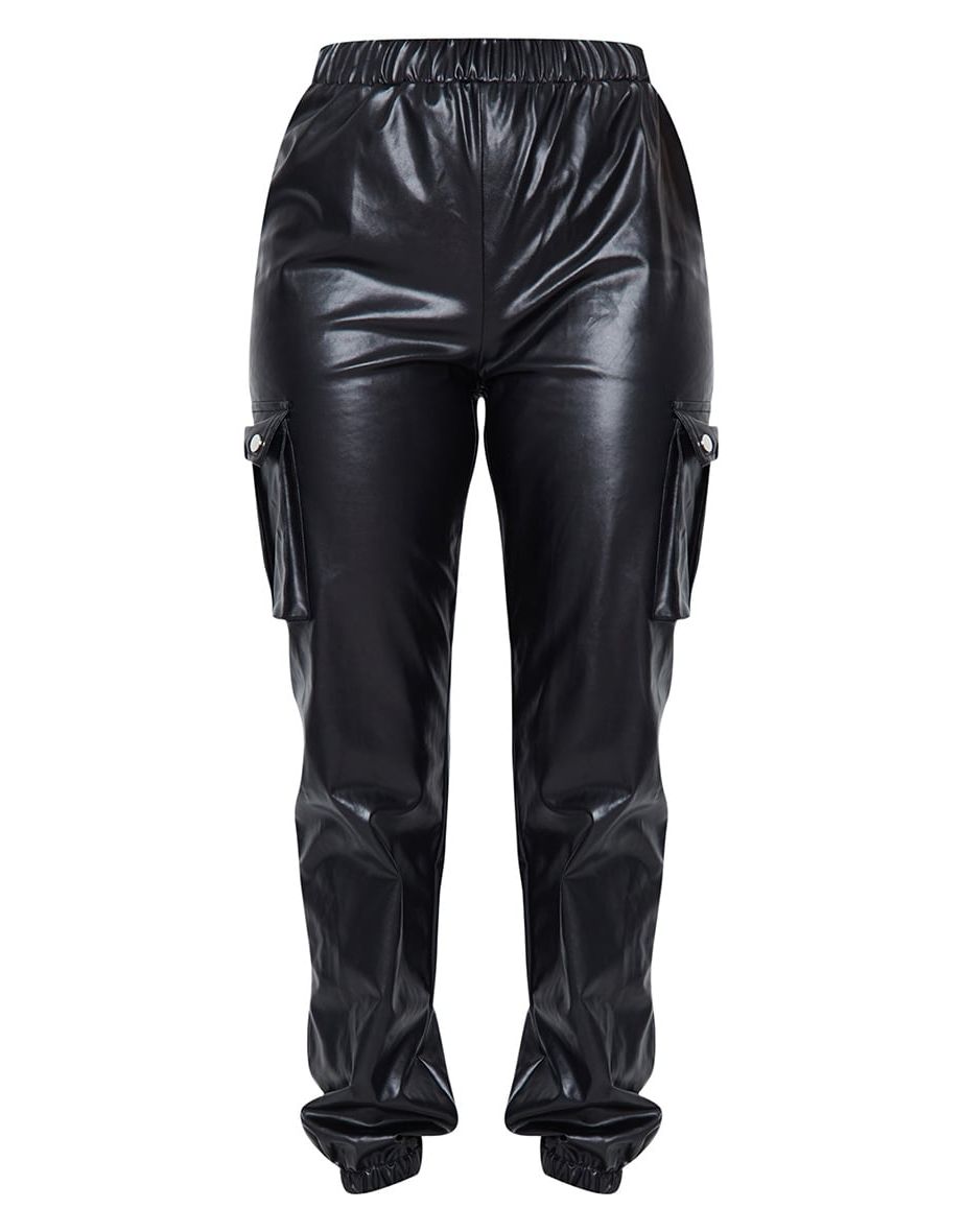 Black Faux Leather Cargo Trousers - 4
