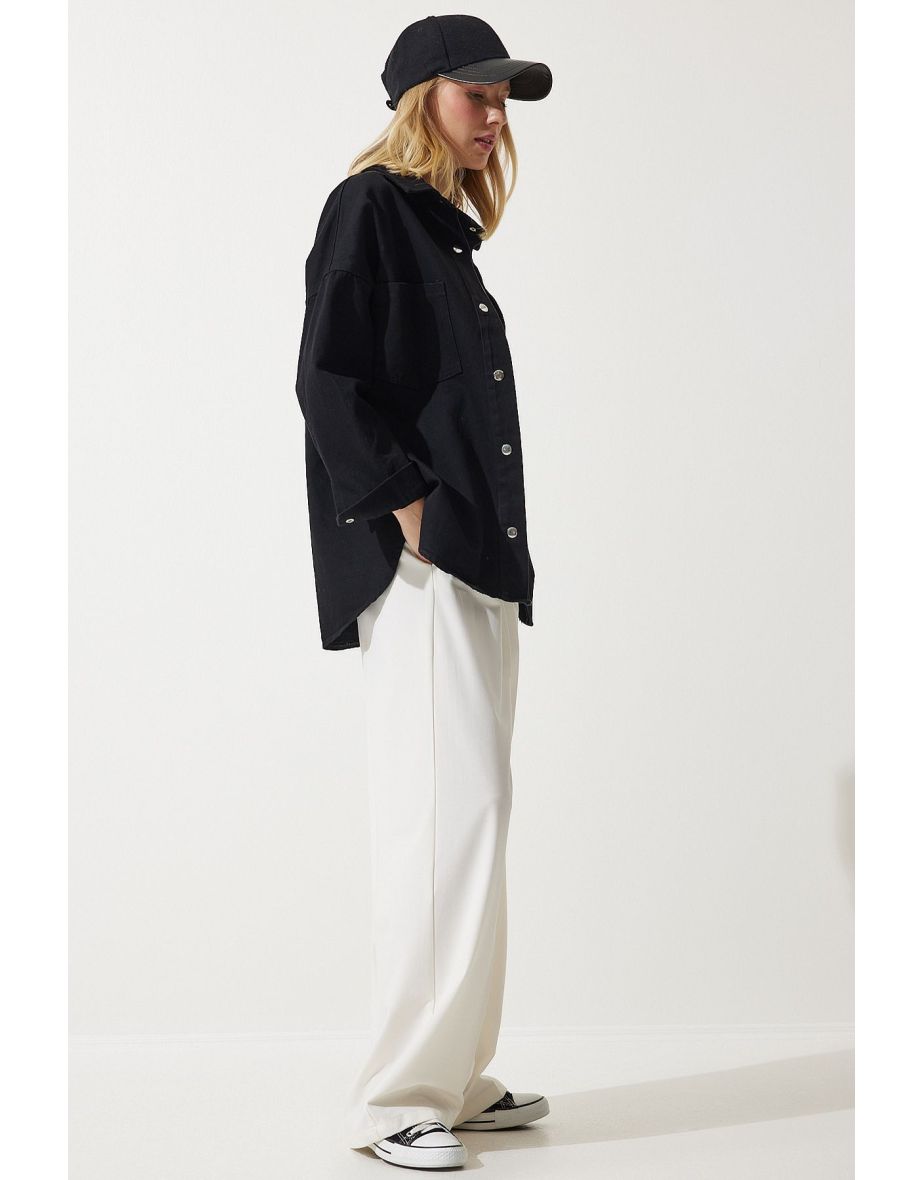 Women's Black Oversize Gabardine Jacket with Pockets