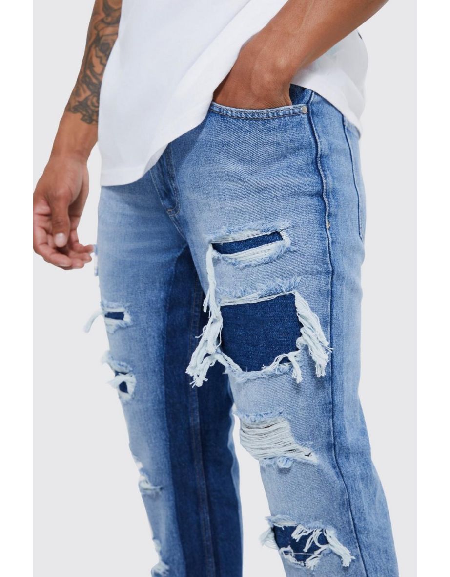 Slim Rigid Flare Panelled Ripped Jeans - mid blue - 2