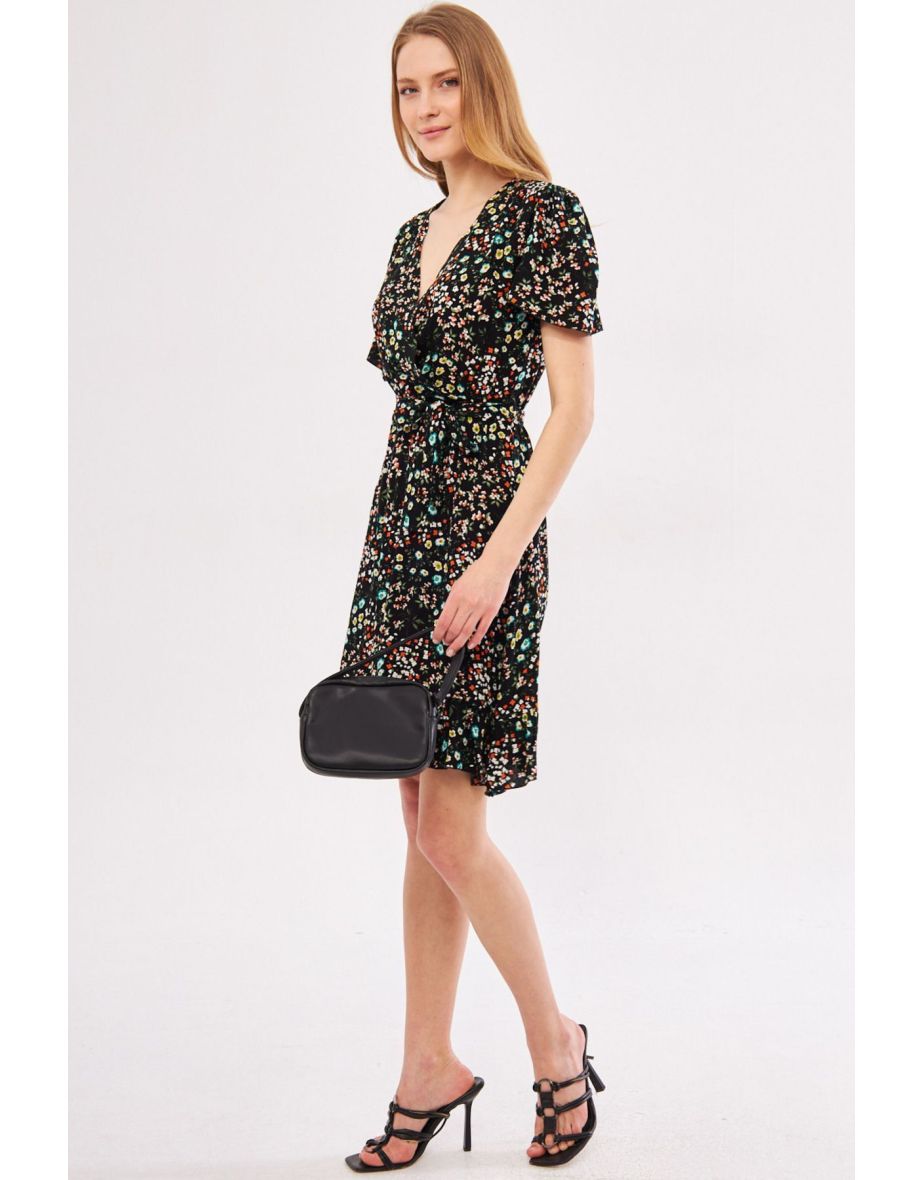Women's Black Tessera Dress Double Breasted Neck Skirt Frilly Patterned Mini Length