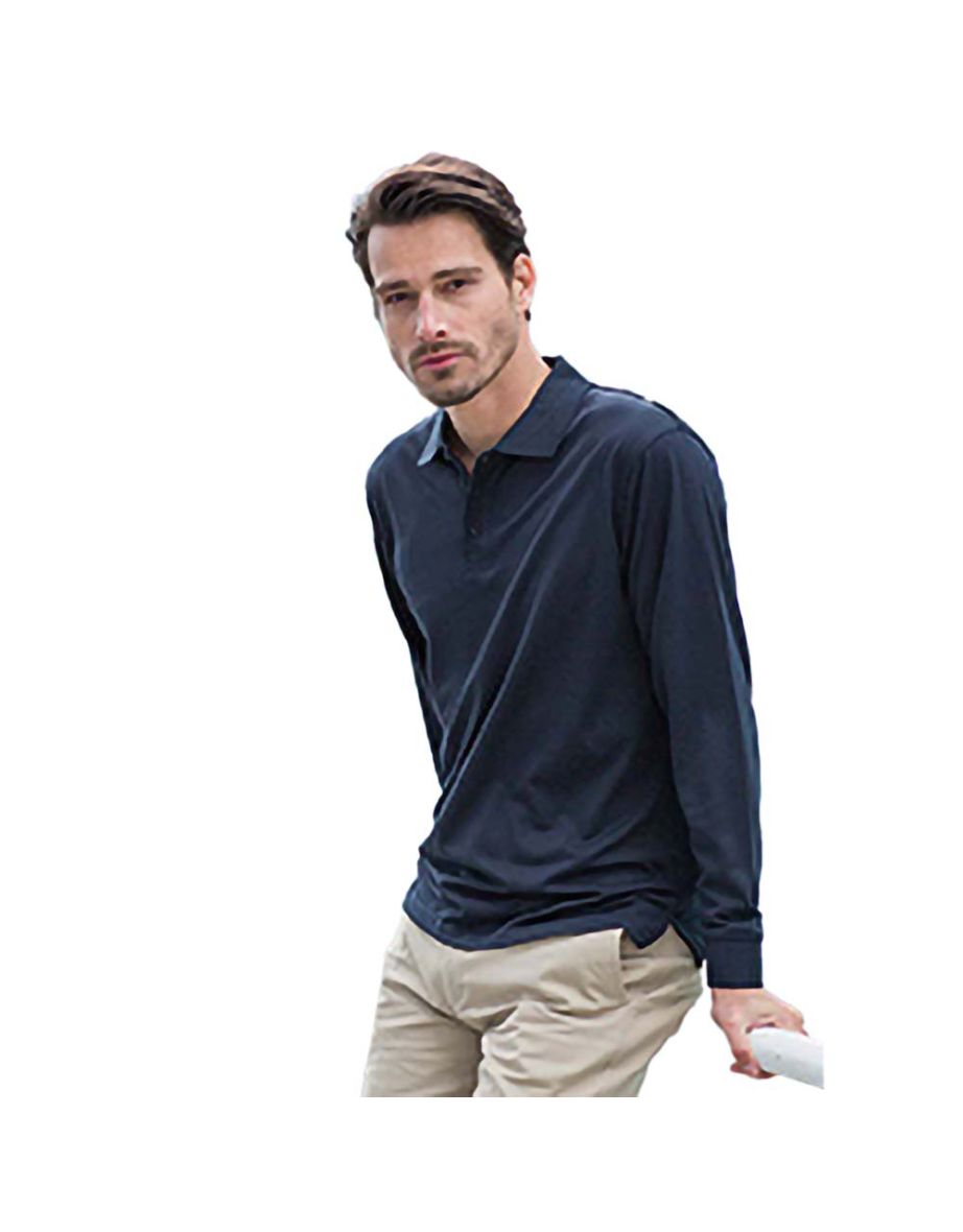 Henbury Mens Coolplus Moisture Wicking Long Sleeve Polo Shirt - Navy - 1