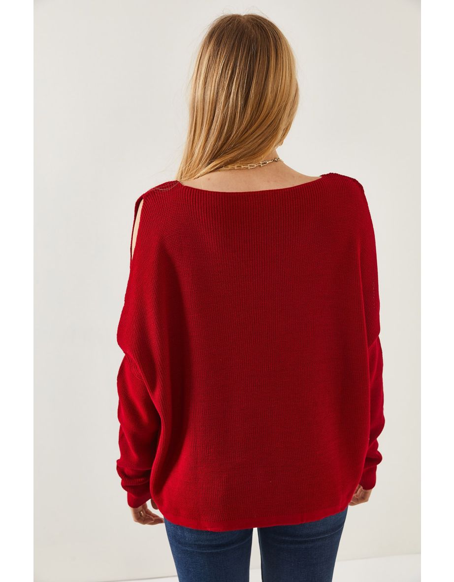 Women's Claret Red V-Neck Decollete Loose Knitwear Blouse - 4