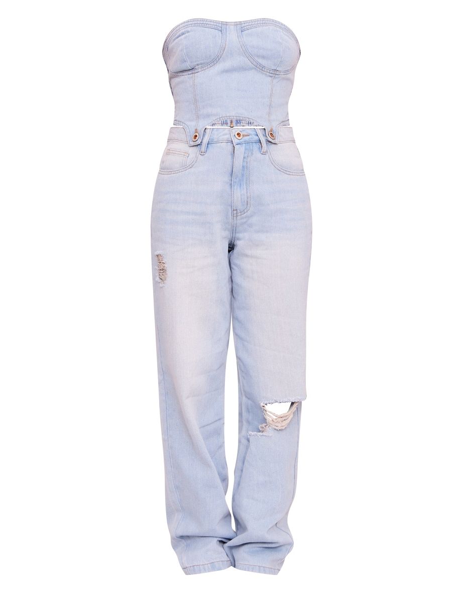 Light Blue Wash Detachable Bandeau Denim Jumpsuit - 4