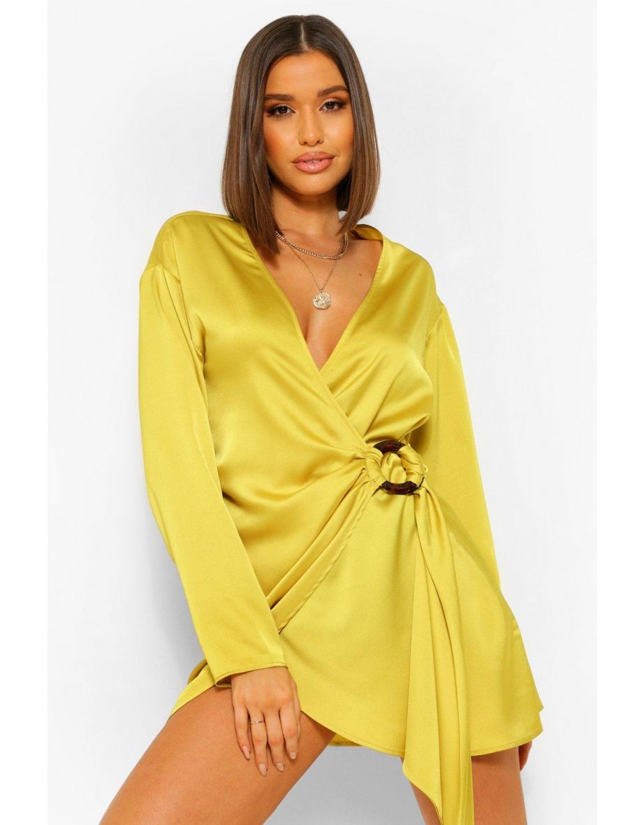 Satin Wrap Shirt Style Dress - chartreuse