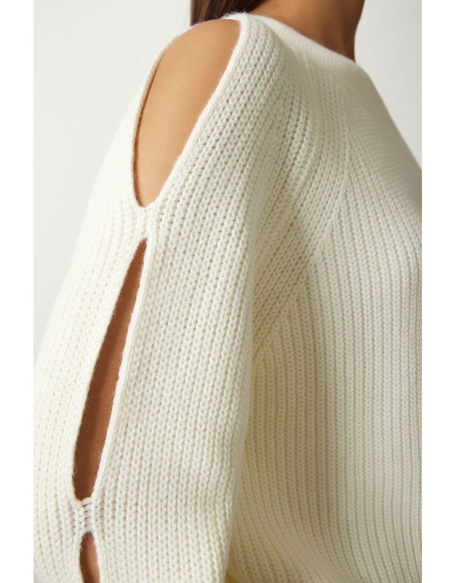 Women's Ecru Window Detailed Single Sleeve Knitwear Sweater - 6