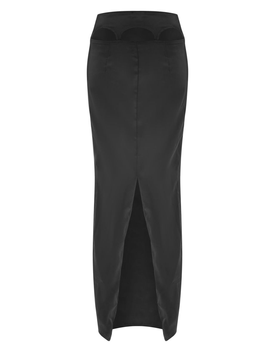 Black Satin Cut Out Suspender Maxi Skirt - 4