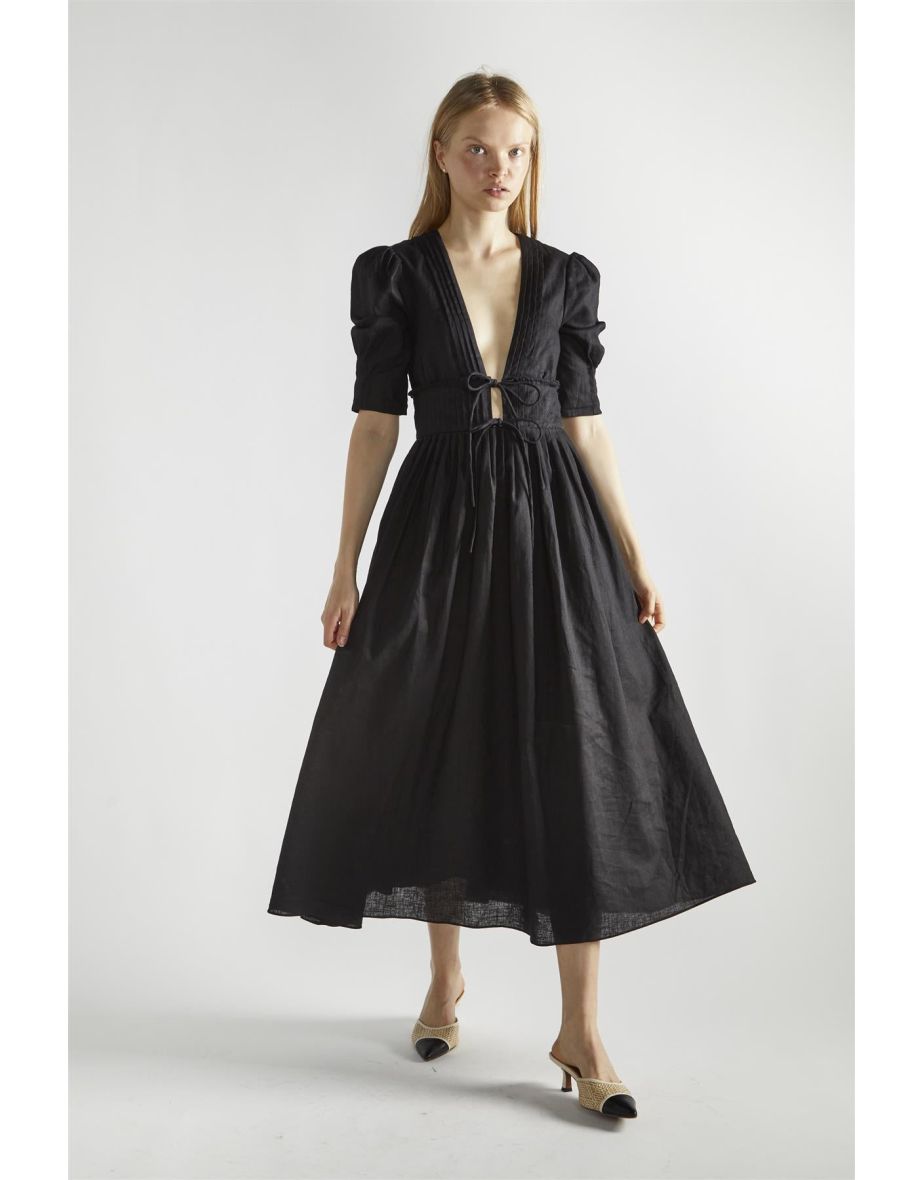 Black Deep-V-Neck-Skater Midi-Dress