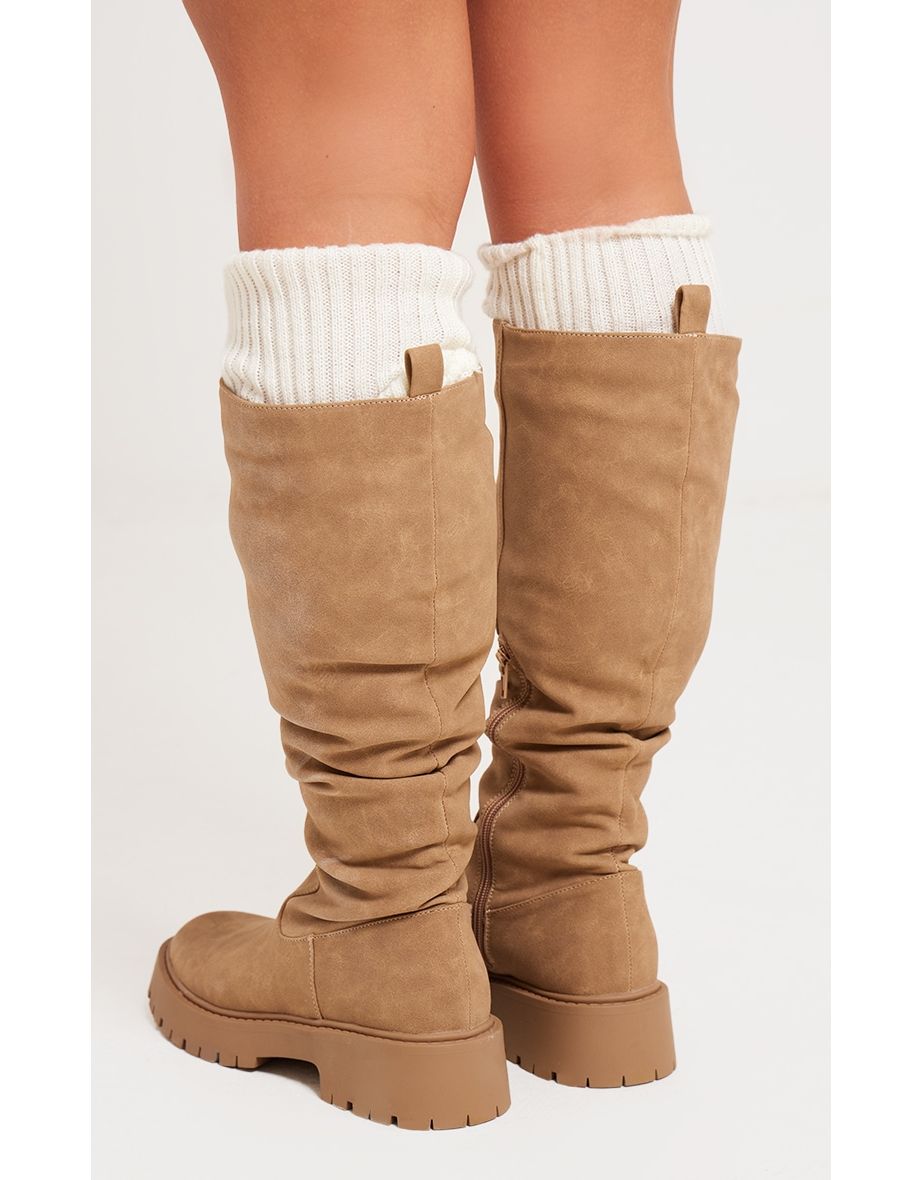 Beige Faux Suede Round Toe Chunky Platform Knee High Boots - 3