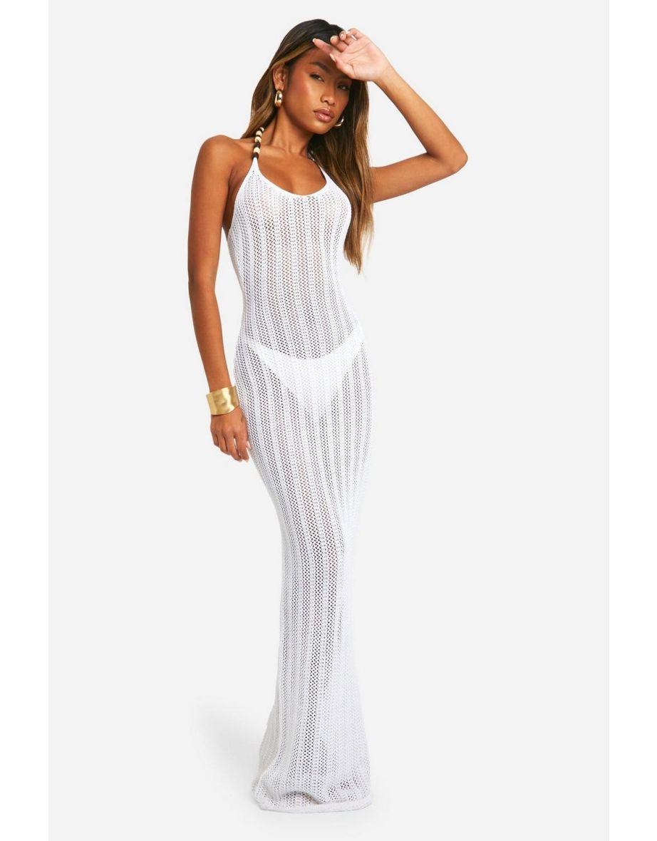 Bead Strap Detail Crochet Maxi Dress - white