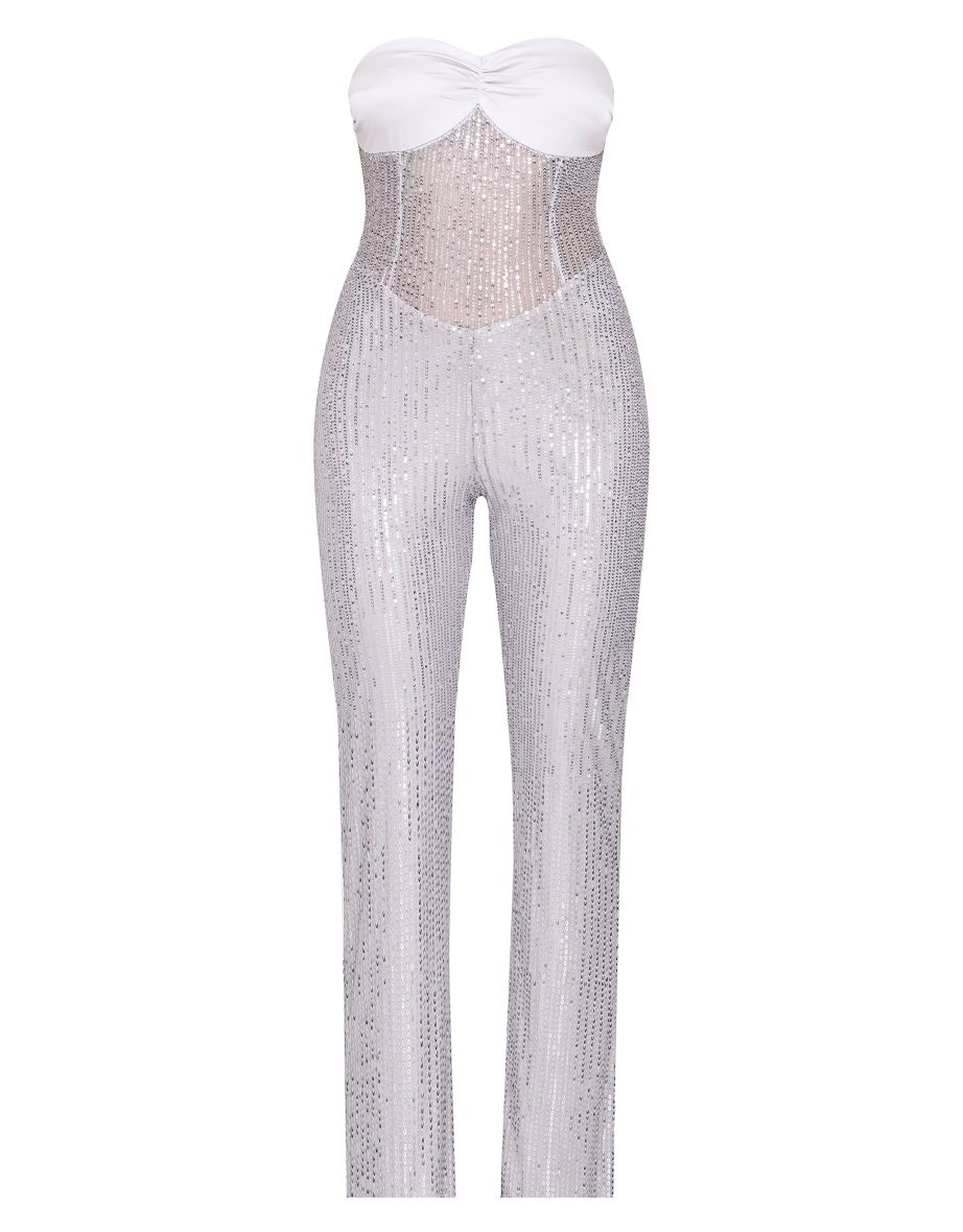 Silver Sequin Bandeau Sheer Panel Jumpsuit - 4