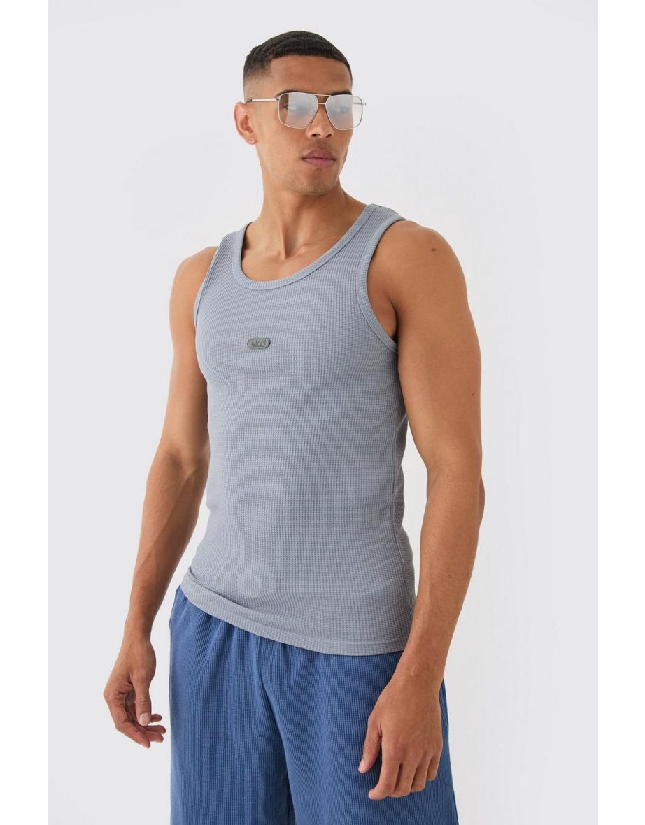 Man Slim Waffle Rubber Badge Vest - slate blue