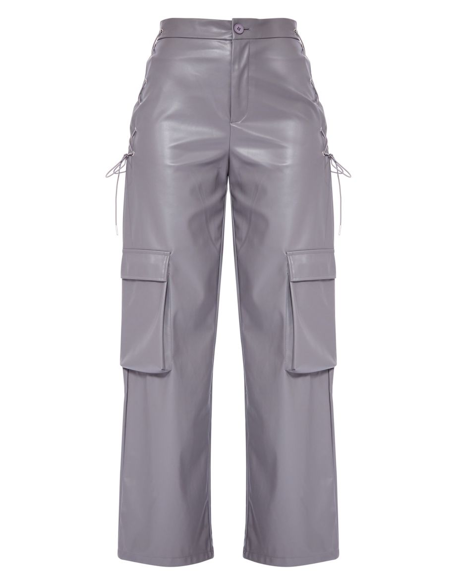 Slate Grey Faux Leather Lace Up Cargo Trousers - 4