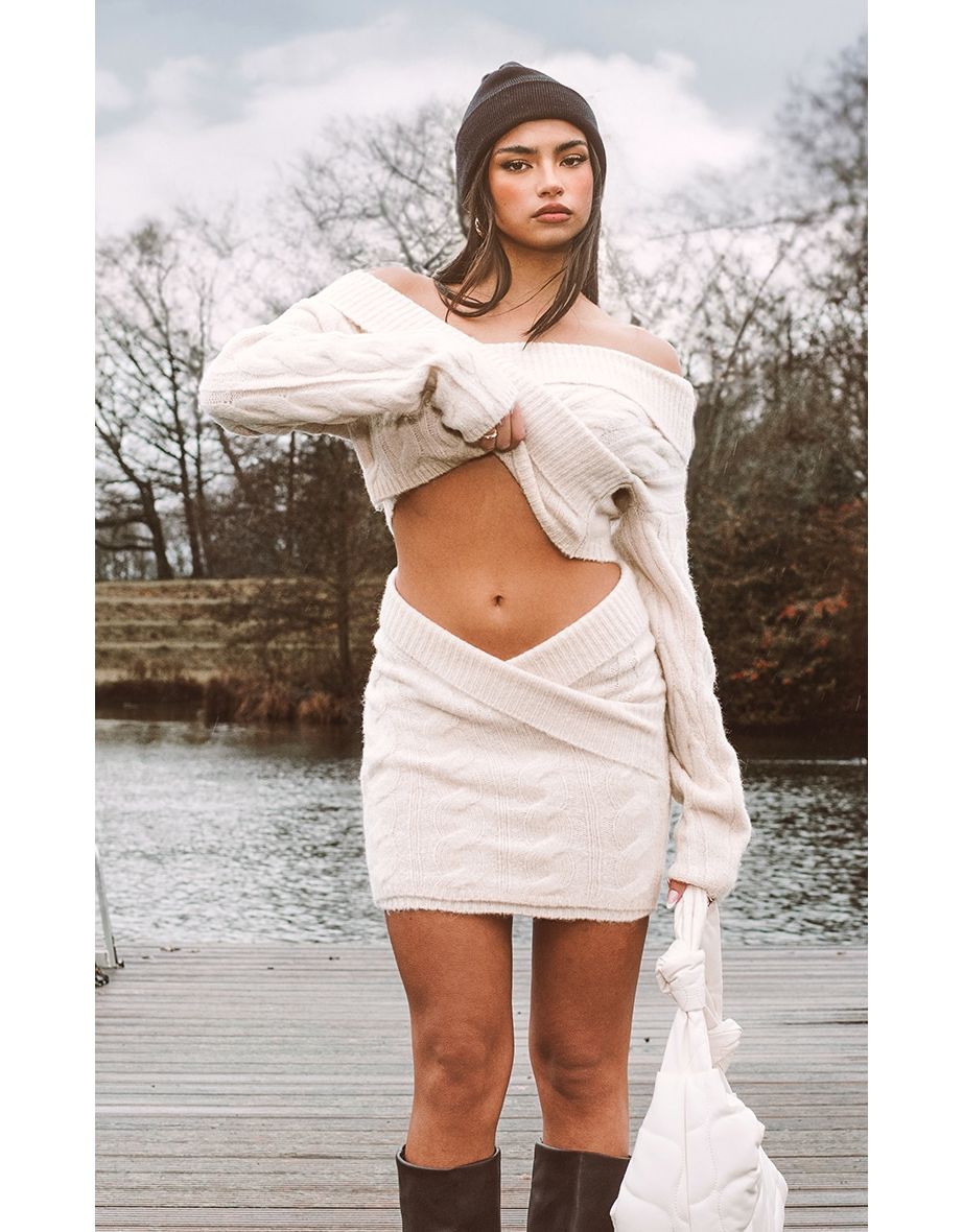 Cream Cable Cross Front Wrap Knit Jumper - 3