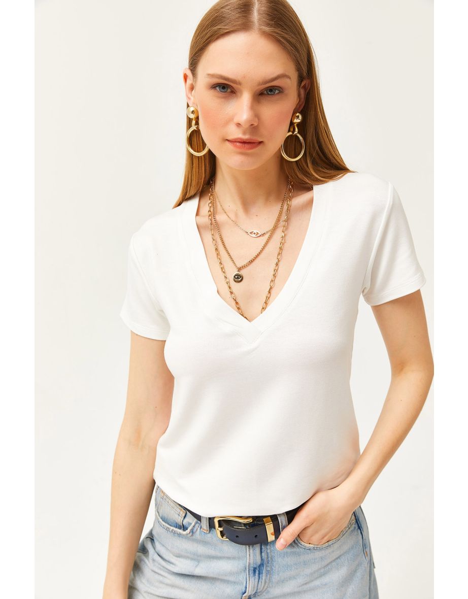 Women's Ecru Deep V-Neck Modal Touch T-Shirt - 6