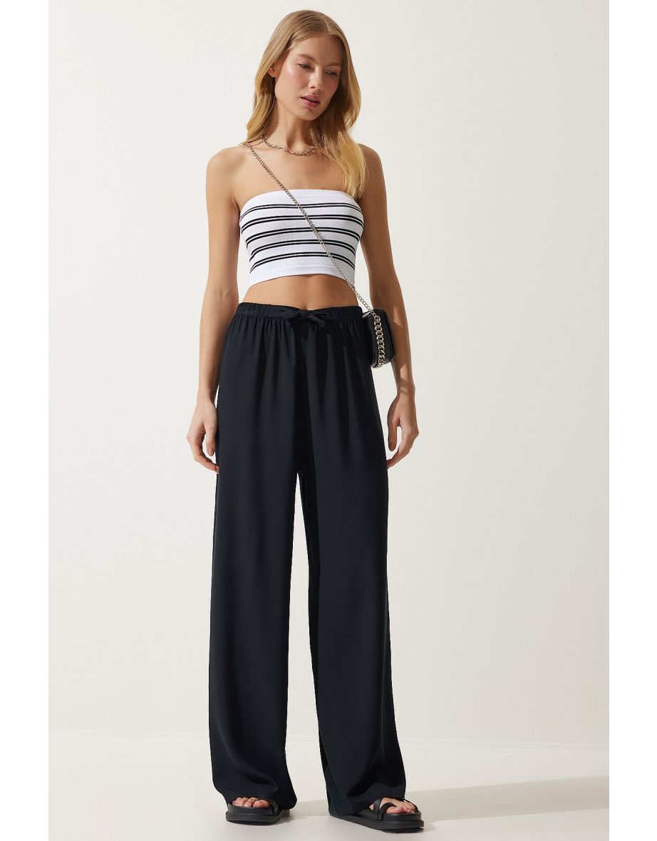 Women's Black Flowy Knitted Palazzo Trousers