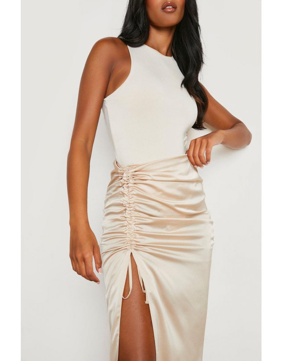 Tall Ruched Side Satin Maxi Skirt - champagne - 3